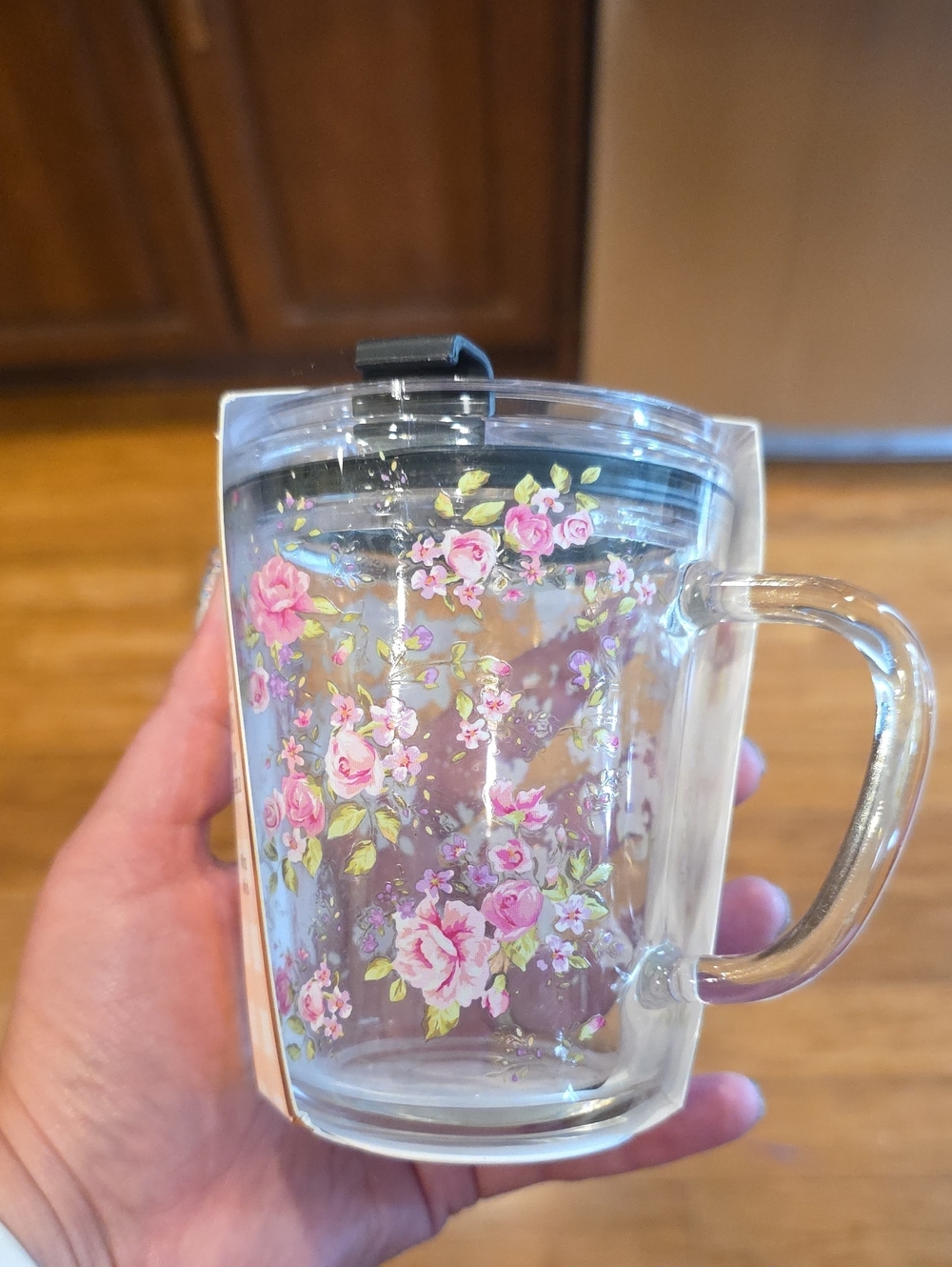 Glass Travel Mug with Floral Print - Pink & Green